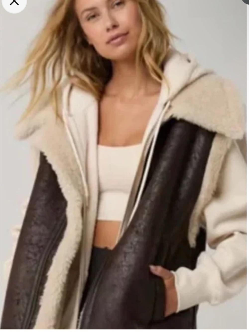 aerie Cream & Dark Brown Sherpa-Lined faux Leather Jacket vest